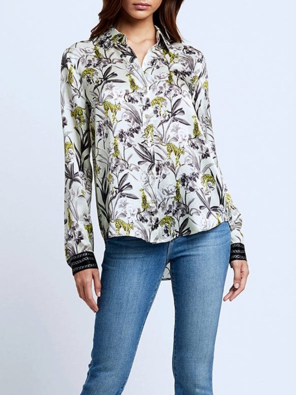 L'AGENCE Tyler Green Floral Cheetah 100% Silk Charmeuse Button Up Blouse, Size S